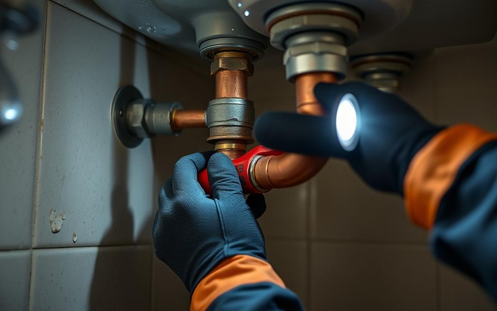 Burst pipe being repaired by a ClimbSmart plumber