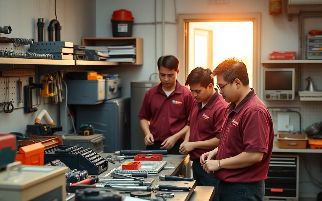 ClimbSmart technicians preparing tools at the Taman Segar workshop