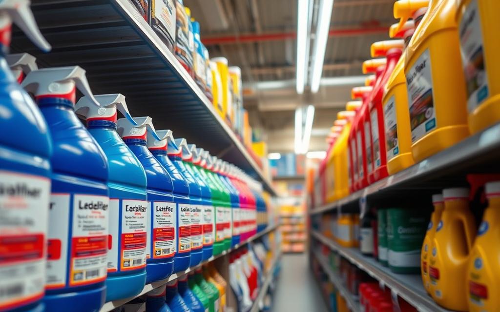 Bottles of drain cleaning chemicals on a store shelf