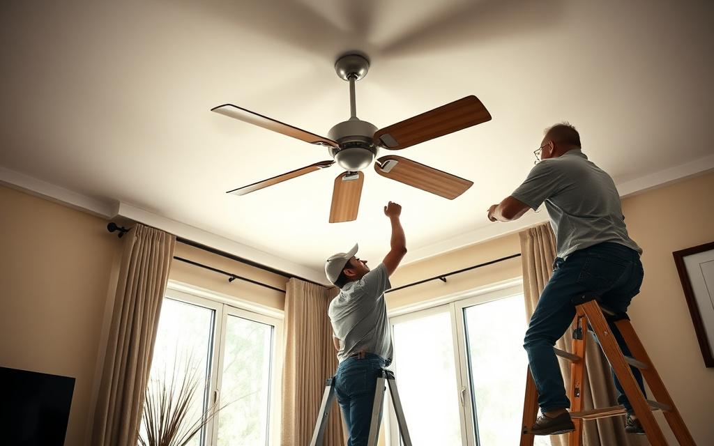 Electrician installing a ceiling fan
