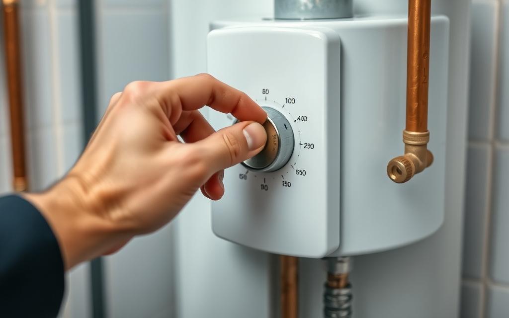 Technician checking the pressure relief valve on a storage water heater
