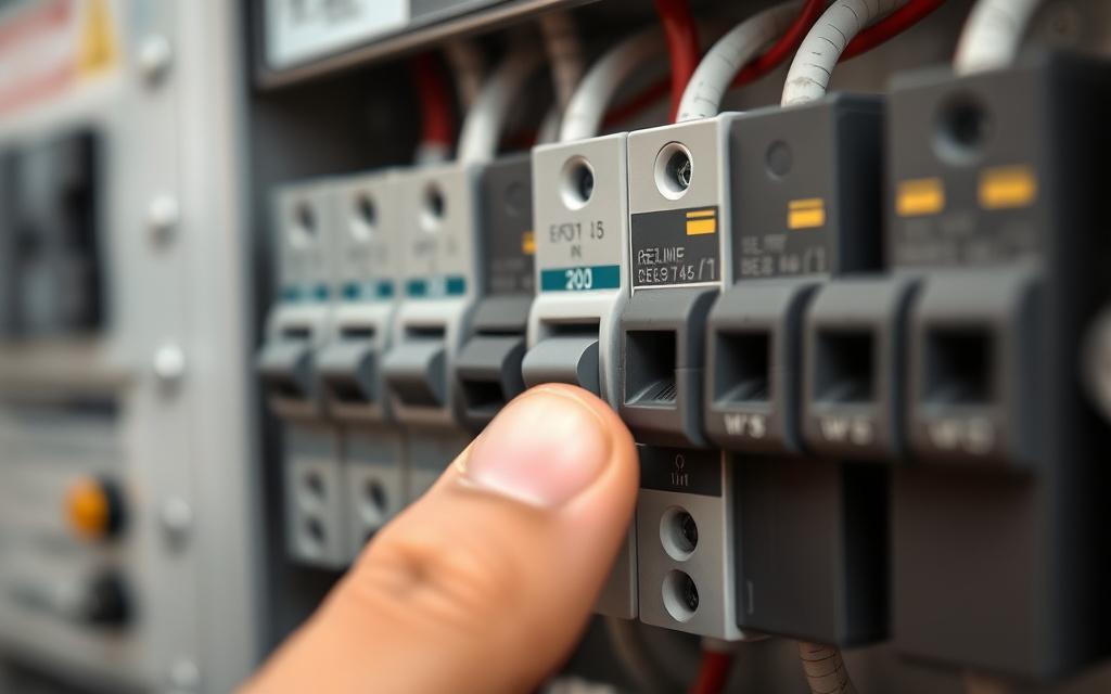 A tripped MCB in the middle position inside a distribution board